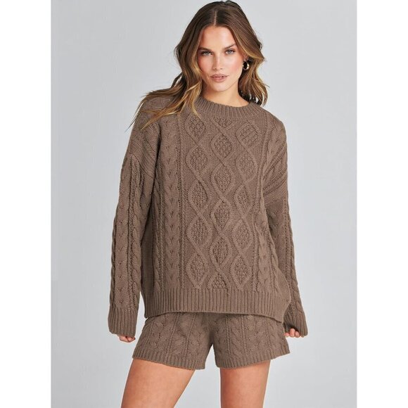 Women Brown 2 Piece Outfits Sweater Lounge Loungewear Sets Fall Cable Knit Sets - Picture 2 of 8